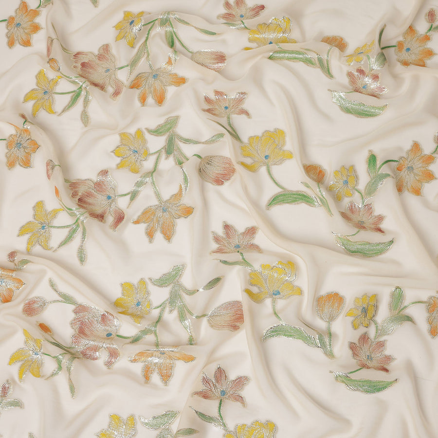 Ivory Floral Embroidered Metallic Lurex Design Premium Silk Chiffon Fabric, 110 Cms Width, Made in South Korea-D25756