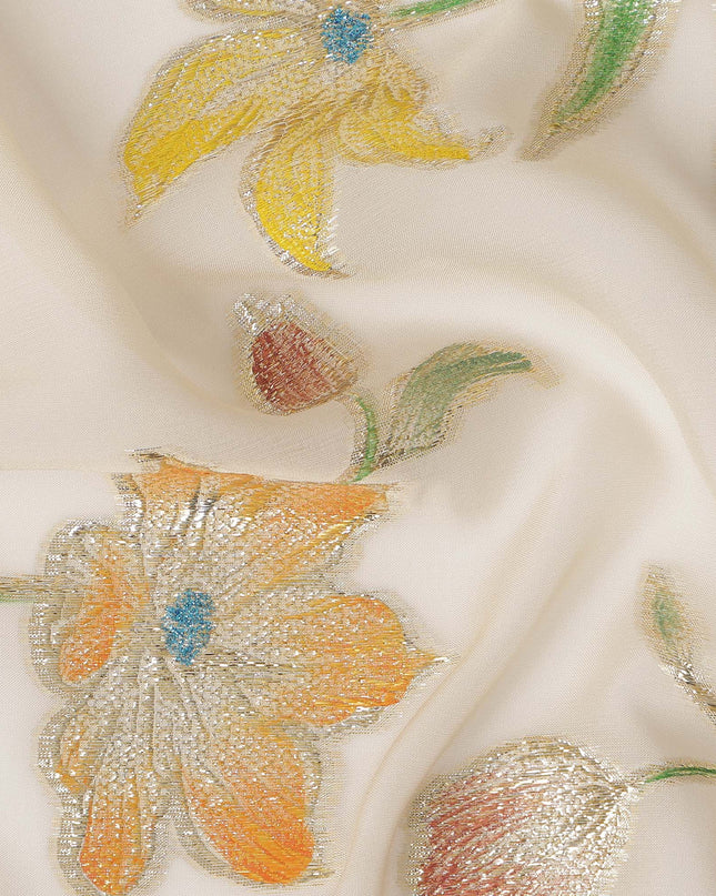 Ivory Floral Embroidered Metallic Lurex Design Premium Silk Chiffon Fabric, 110 Cms Width, Made in South Korea-D25756