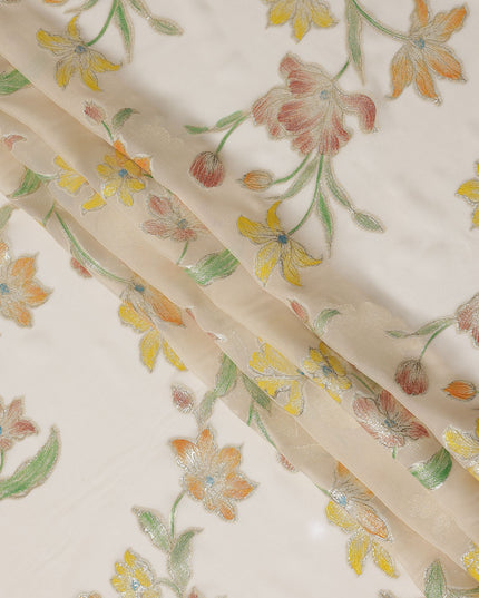 Ivory Floral Embroidered Metallic Lurex Design Premium Silk Chiffon Fabric, 110 Cms Width, Made in South Korea-D25756