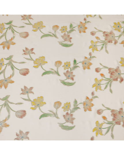 Ivory Floral Embroidered Metallic Lurex Design Premium Silk Chiffon Fabric, 110 Cms Width, Made in South Korea-D25756