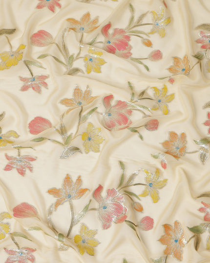 Ivory Multicolor Floral Embroidered Metallic Lurex Design Premium Silk Chiffon Fabric, 110 Cms Width, Made in South Korea-D25743