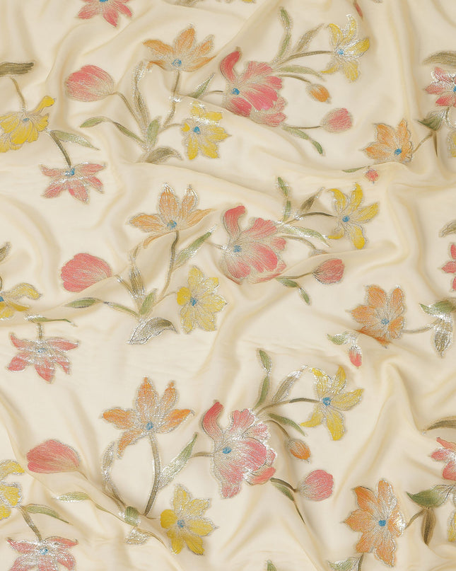 Ivory Multicolor Floral Embroidered Metallic Lurex Design Premium Silk Chiffon Fabric, 110 Cms Width, Made in South Korea-D25743