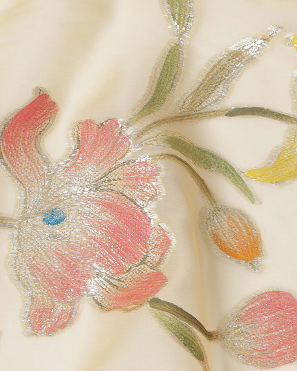 Ivory Multicolor Floral Embroidered Metallic Lurex Design Premium Silk Chiffon Fabric, 110 Cms Width, Made in South Korea-D25743