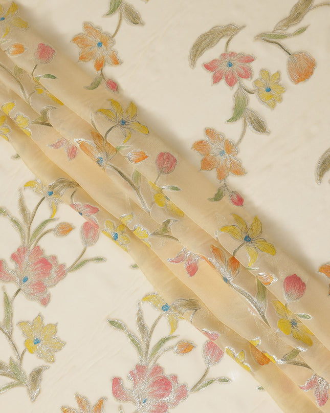Ivory Multicolor Floral Embroidered Metallic Lurex Design Premium Silk Chiffon Fabric, 110 Cms Width, Made in South Korea-D25743
