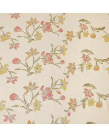 Ivory Multicolor Floral Embroidered Metallic Lurex Design Premium Silk Chiffon Fabric, 110 Cms Width, Made in South Korea-D25743