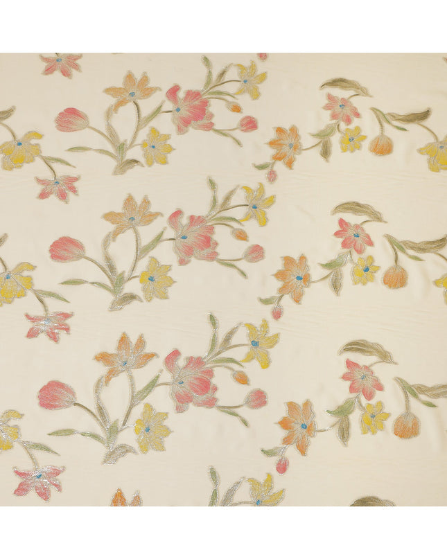 Ivory Multicolor Floral Embroidered Metallic Lurex Design Premium Silk Chiffon Fabric, 110 Cms Width, Made in South Korea-D25743