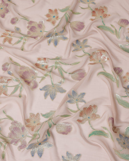 Peach Floral Embroidered Metallic Lurex Design Premium Silk Chiffon Fabric, 110 Cms Width, Made in South Korea-D25755