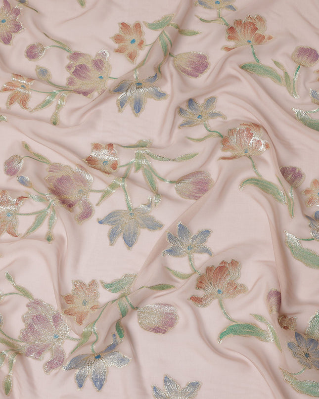 Peach Floral Embroidered Metallic Lurex Design Premium Silk Chiffon Fabric, 110 Cms Width, Made in South Korea-D25755