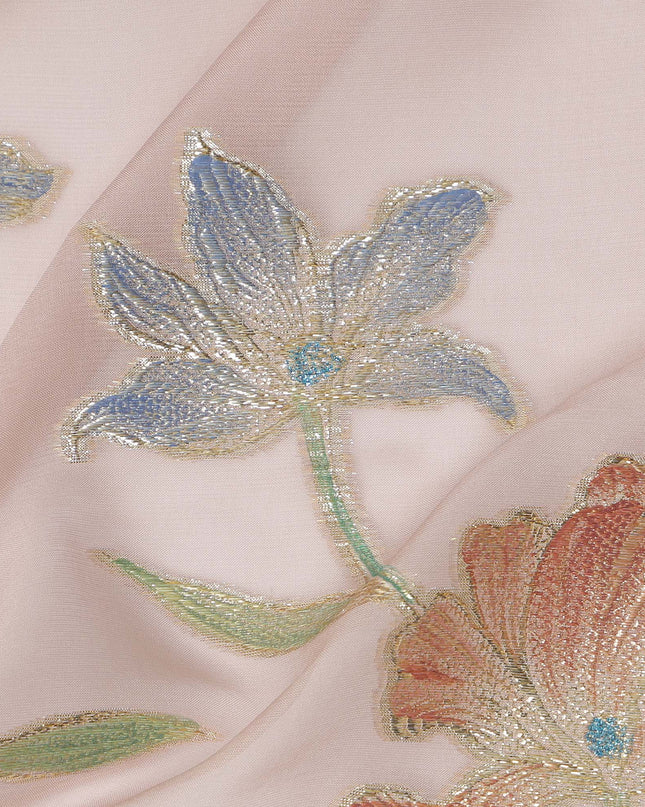 Peach Floral Embroidered Metallic Lurex Design Premium Silk Chiffon Fabric, 110 Cms Width, Made in South Korea-D25755