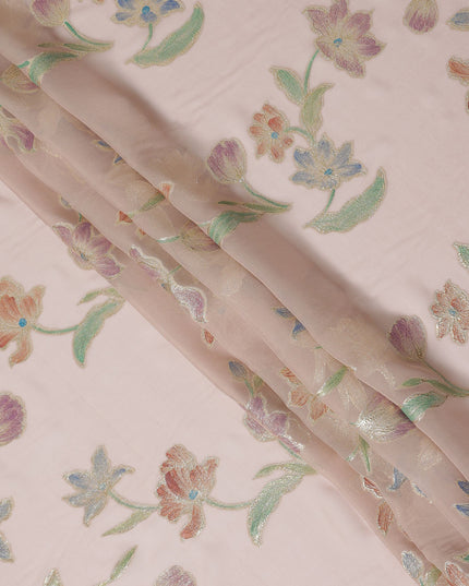 Peach Floral Embroidered Metallic Lurex Design Premium Silk Chiffon Fabric, 110 Cms Width, Made in South Korea-D25755