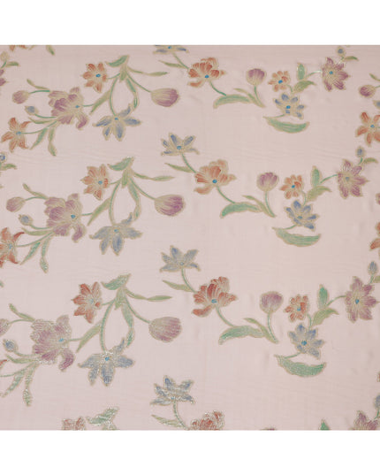 Peach Floral Embroidered Metallic Lurex Design Premium Silk Chiffon Fabric, 110 Cms Width, Made in South Korea-D25755