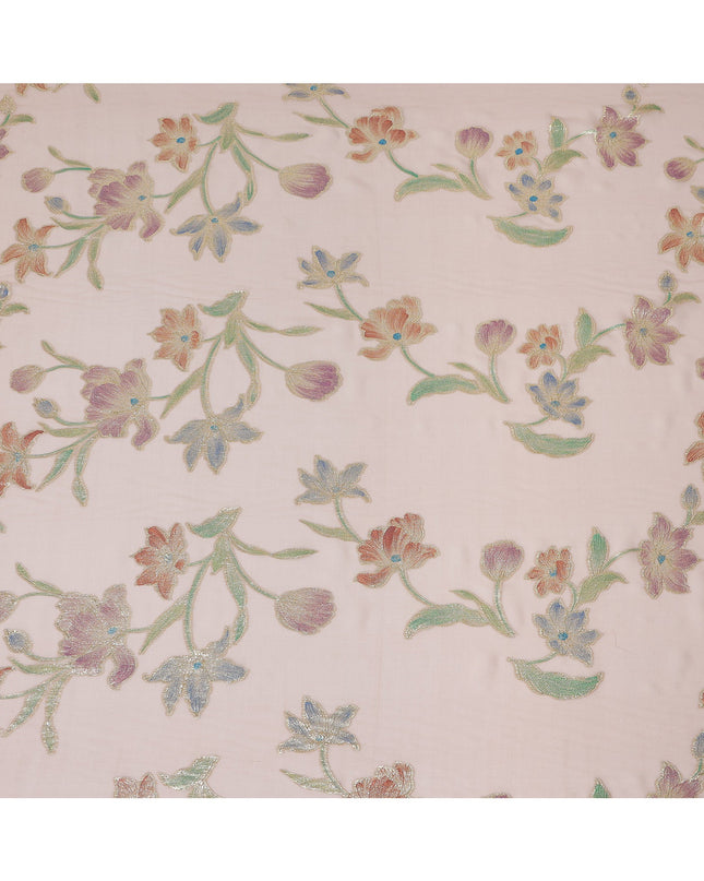 Peach Floral Embroidered Metallic Lurex Design Premium Silk Chiffon Fabric, 110 Cms Width, Made in South Korea-D25755