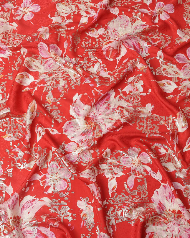 Red with Pink and White Floral Print Pure Silk Satin Fabric, 140 Cms Width, Made in South Korea-D25995