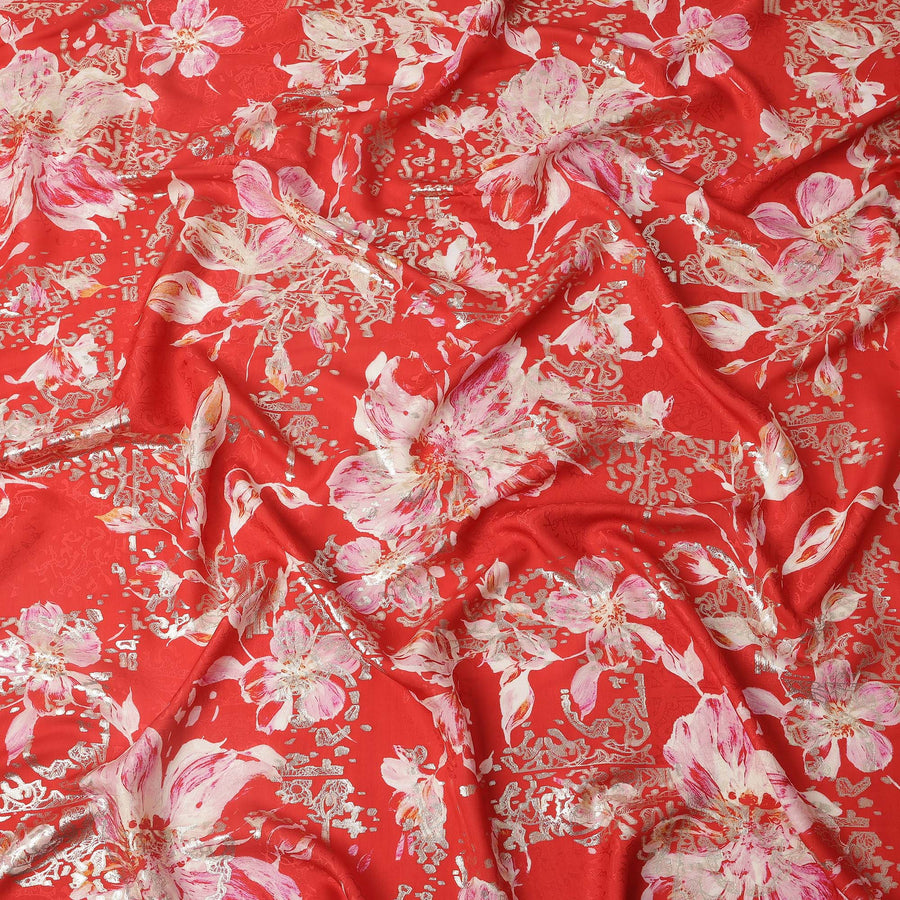Red with Pink and White Floral Print Pure Silk Satin Fabric, 140 Cms Width, Made in South Korea-D25995