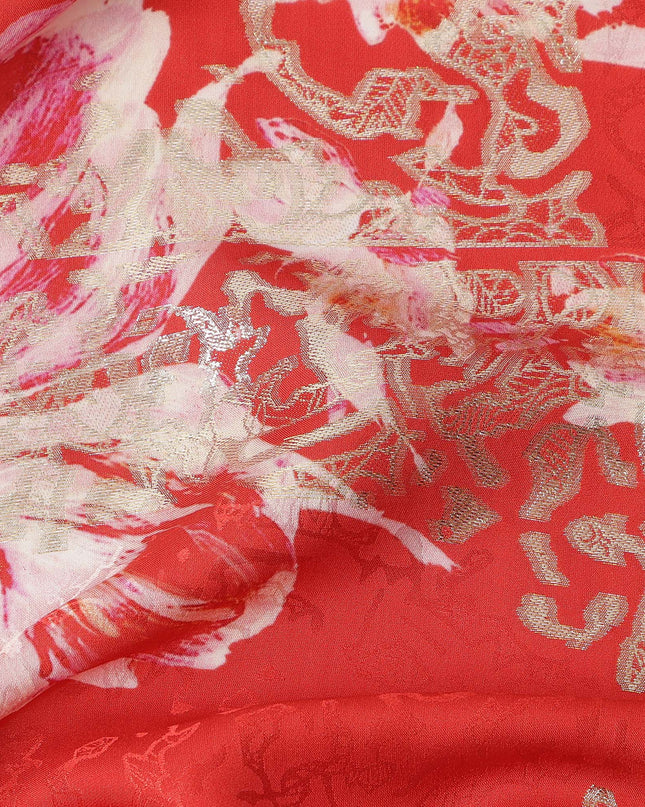 Red with Pink and White Floral Print Pure Silk Satin Fabric, 140 Cms Width, Made in South Korea-D25995
