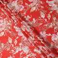 Red with Pink and White Floral Print Pure Silk Satin Fabric, 140 Cms Width, Made in South Korea-D25995
