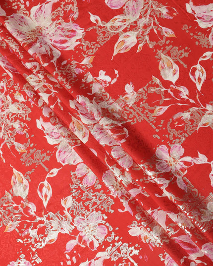 Red with Pink and White Floral Print Pure Silk Satin Fabric, 140 Cms Width, Made in South Korea-D25995
