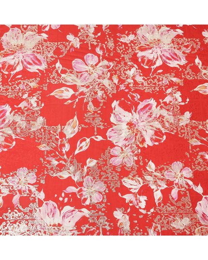 Red with Pink and White Floral Print Pure Silk Satin Fabric, 140 Cms Width, Made in South Korea-D25995