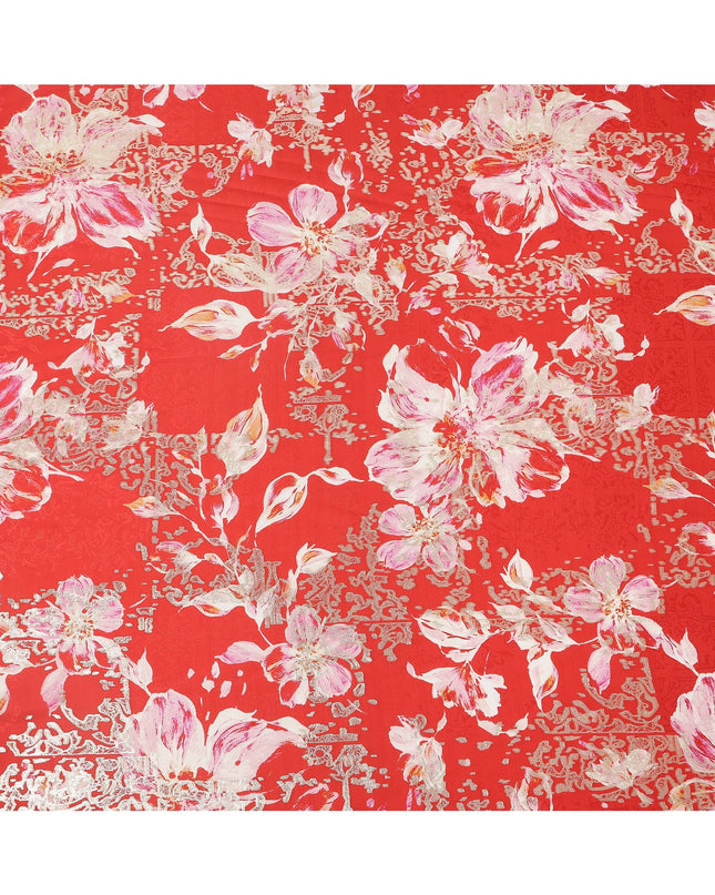 Red with Pink and White Floral Print Pure Silk Satin Fabric, 140 Cms Width, Made in South Korea-D25995