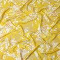 Mustard Yellow with White and Peach Floral Print Pure Silk Satin Fabric, 140 Cms Width, Made in South Korea-D25996