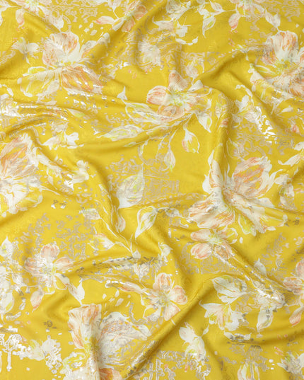 Mustard Yellow with White and Peach Floral Print Pure Silk Satin Fabric, 140 Cms Width, Made in South Korea-D25996