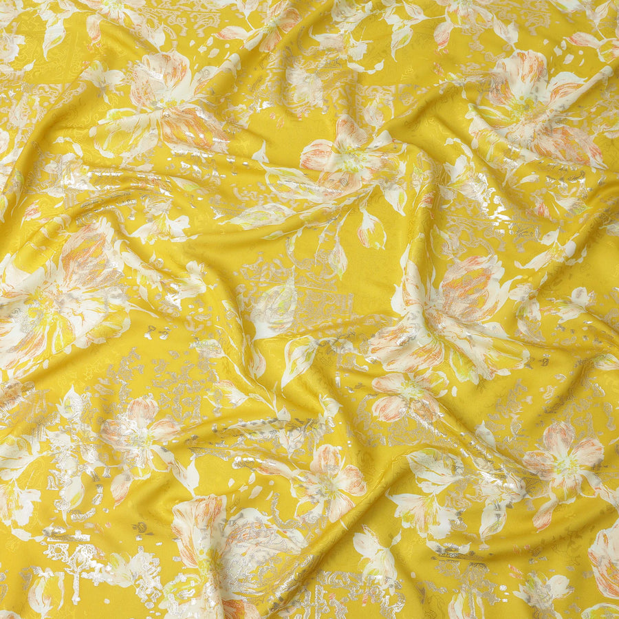 Mustard Yellow with White and Peach Floral Print Pure Silk Satin Fabric, 140 Cms Width, Made in South Korea-D25996