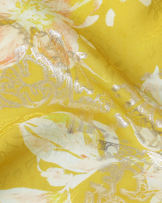 Mustard Yellow with White and Peach Floral Print Pure Silk Satin Fabric, 140 Cms Width, Made in South Korea-D25996