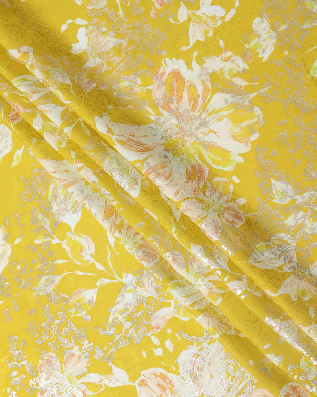 Mustard Yellow with White and Peach Floral Print Pure Silk Satin Fabric, 140 Cms Width, Made in South Korea-D25996