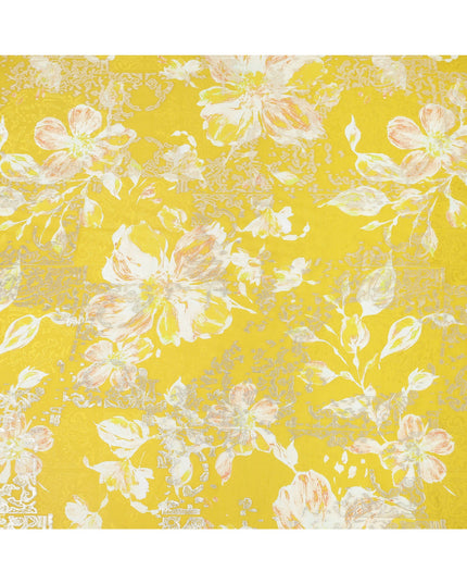 Mustard Yellow with White and Peach Floral Print Pure Silk Satin Fabric, 140 Cms Width, Made in South Korea-D25996