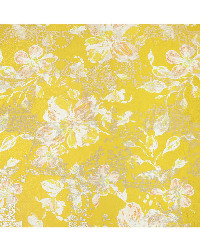 Mustard Yellow with White and Peach Floral Print Pure Silk Satin Fabric, 140 Cms Width, Made in South Korea-D25996