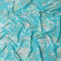 Aqua Blue with White and Green Floral Print Pure Silk Satin Fabric, 140 Cms Width, Made in South Korea-D25997