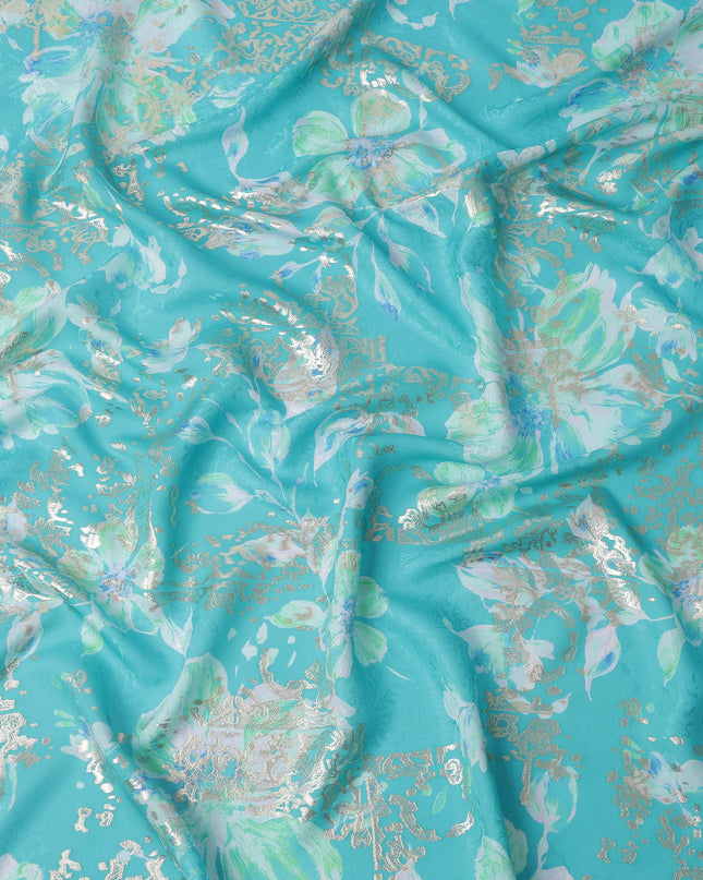 Aqua Blue with White and Green Floral Print Pure Silk Satin Fabric, 140 Cms Width, Made in South Korea-D25997