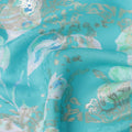 Aqua Blue with White and Green Floral Print Pure Silk Satin Fabric, 140 Cms Width, Made in South Korea-D25997