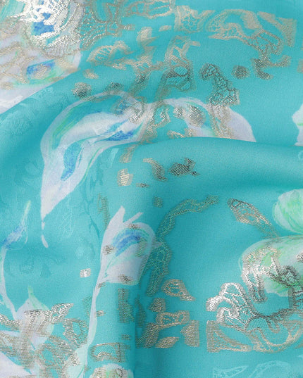 Aqua Blue with White and Green Floral Print Pure Silk Satin Fabric, 140 Cms Width, Made in South Korea-D25997