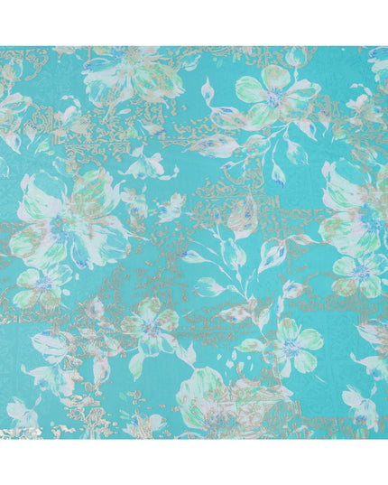 Aqua Blue with White and Green Floral Print Pure Silk Satin Fabric, 140 Cms Width, Made in South Korea-D25997