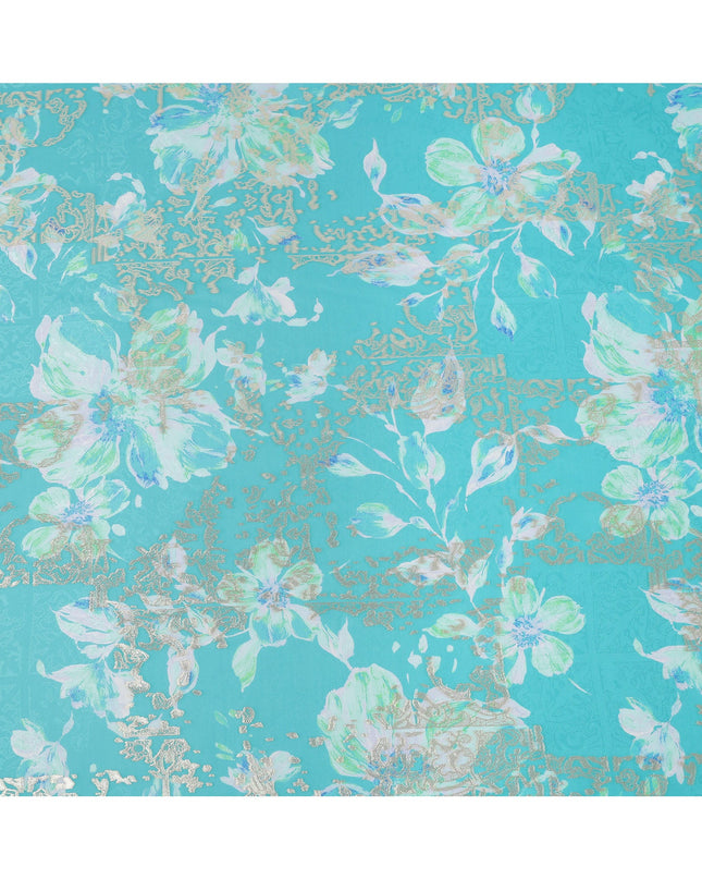 Aqua Blue with White and Green Floral Print Pure Silk Satin Fabric, 140 Cms Width, Made in South Korea-D25997