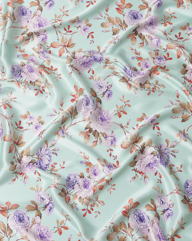 Mint Green Floral Print Premium Pure Silk Satin Fabric, 110 Cms Width, Made in South Korea-D25938