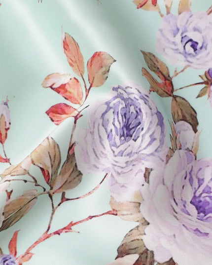 Mint Green Floral Print Premium Pure Silk Satin Fabric, 110 Cms Width, Made in South Korea-D25938
