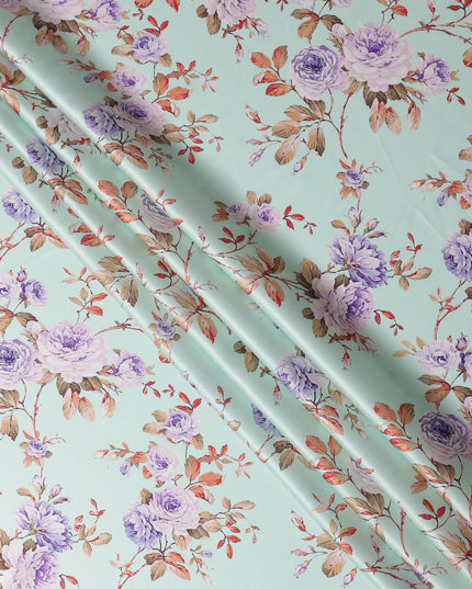Mint Green Floral Print Premium Pure Silk Satin Fabric, 110 Cms Width, Made in South Korea-D25938