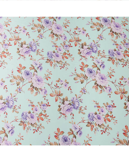 Mint Green Floral Print Premium Pure Silk Satin Fabric, 110 Cms Width, Made in South Korea-D25938