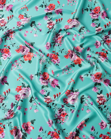 Turquoise Floral Print Premium Pure Silk Satin Fabric, 110 Cms Width, Made in South Korea-D25939