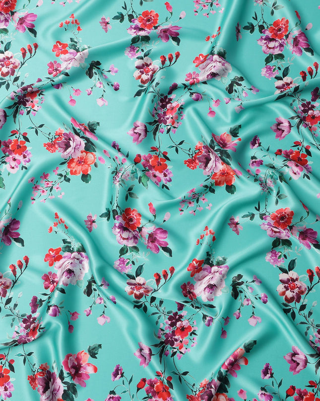 Turquoise Floral Print Premium Pure Silk Satin Fabric, 110 Cms Width, Made in South Korea-D25939