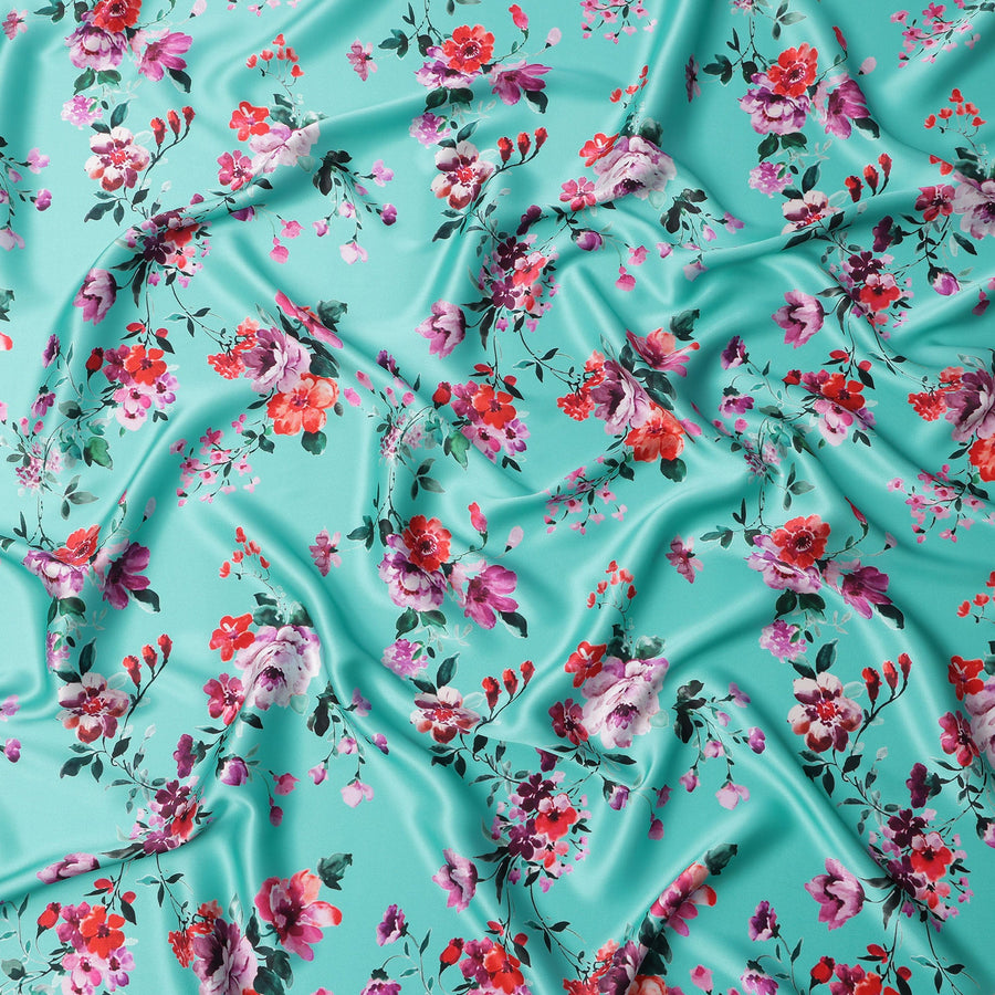 Turquoise Floral Print Premium Pure Silk Satin Fabric, 110 Cms Width, Made in South Korea-D25939