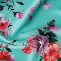 Turquoise Floral Print Premium Pure Silk Satin Fabric, 110 Cms Width, Made in South Korea-D25939