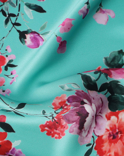 Turquoise Floral Print Premium Pure Silk Satin Fabric, 110 Cms Width, Made in South Korea-D25939