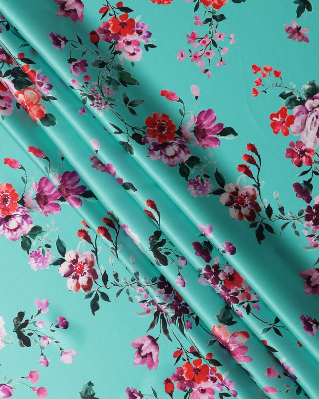 Turquoise Floral Print Premium Pure Silk Satin Fabric, 110 Cms Width, Made in South Korea-D25939