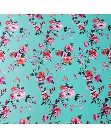 Turquoise Floral Print Premium Pure Silk Satin Fabric, 110 Cms Width, Made in South Korea-D25939