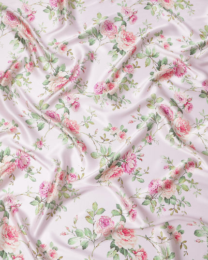 Blush Pink Floral Print Premium Pure Silk Satin Fabric, 110 Cms Width, Made in South Korea-D25937