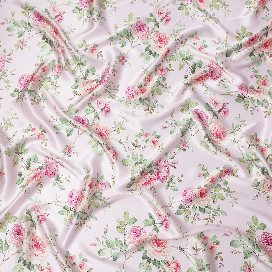 Blush Pink Floral Print Premium Pure Silk Satin Fabric, 110 Cms Width, Made in South Korea-D25937