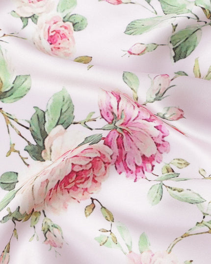 Blush Pink Floral Print Premium Pure Silk Satin Fabric, 110 Cms Width, Made in South Korea-D25937